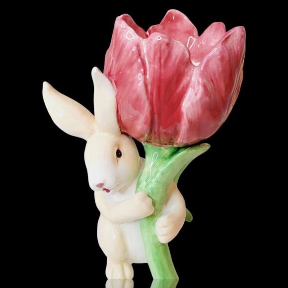 Set of 3 Magenta Seasonal Collection Ceramic Bunny Rabbit Candle Holder Flowers - Picture 8 of 15